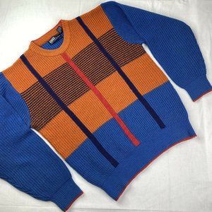 Vintage 80s Plaid Pullover Ski Sweater SIM Sportswear Men’s sz Large Orange Blue